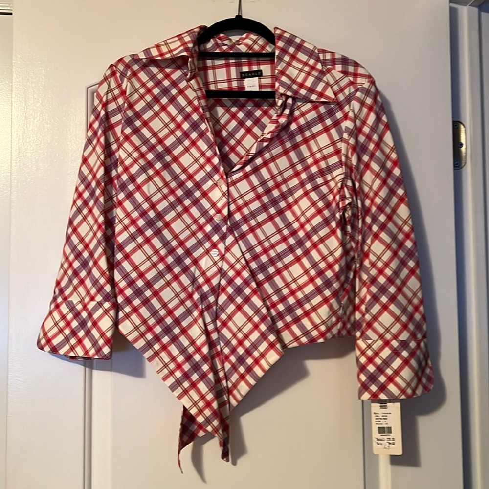 Searle plaid, button down, tie at the waist shirt